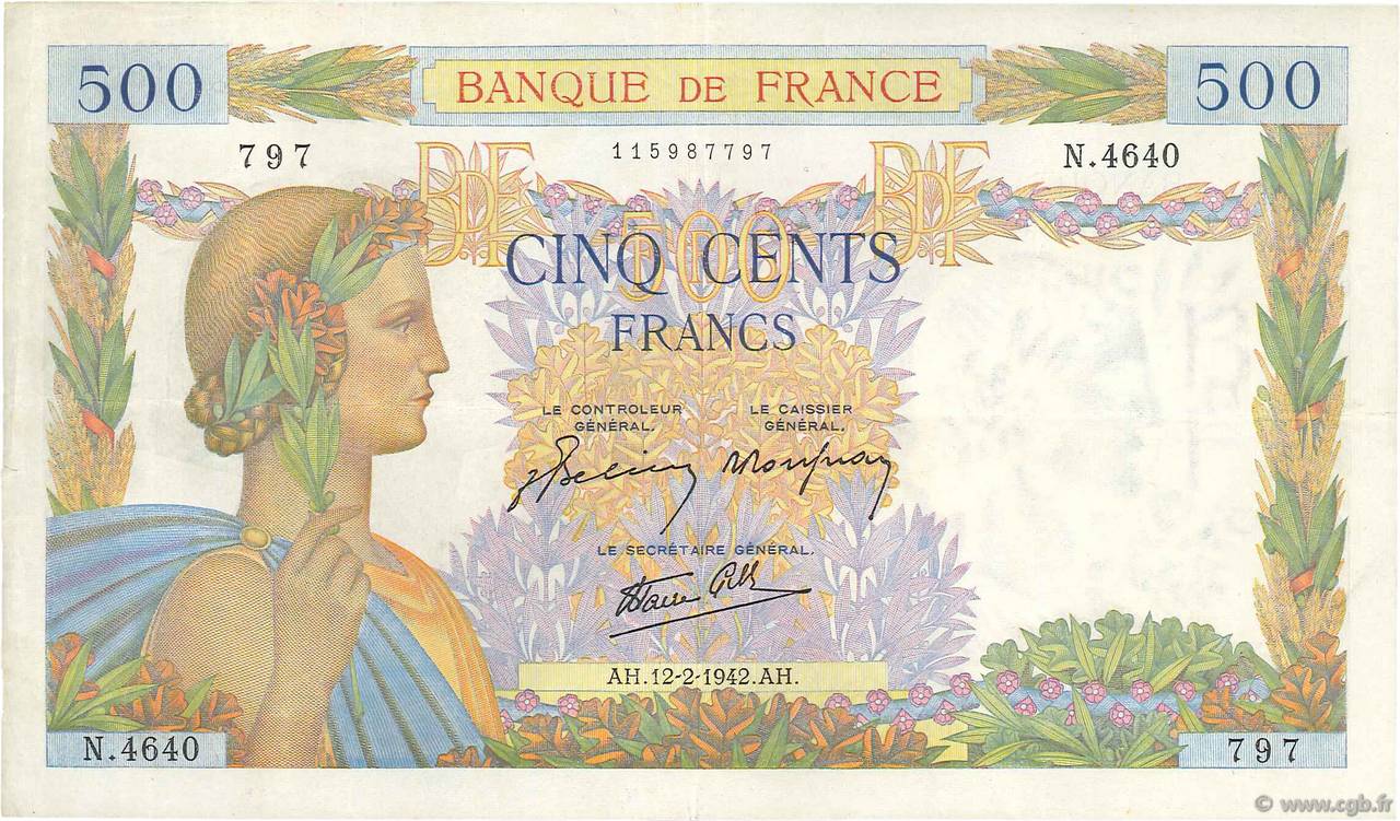 500 Francs LA PAIX FRANCIA  1942 F.32.29 MBC