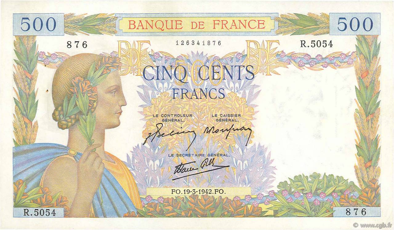 500 Francs LA PAIX FRANCIA  1942 F.32.31 SC