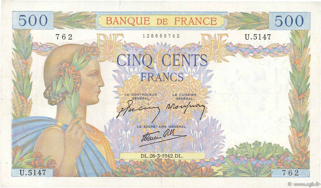 500 Francs LA PAIX FRANKREICH  1942 F.32.32 SS
