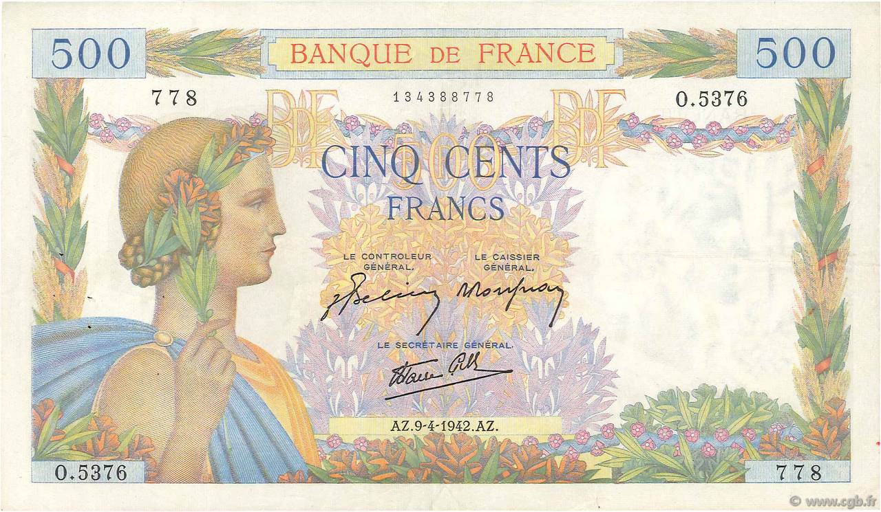 500 Francs LA PAIX FRANCIA  1942 F.32.34 BB