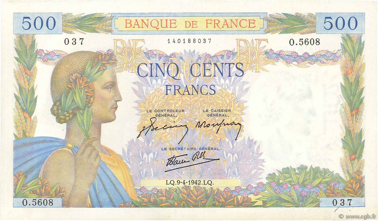 500 Francs LA PAIX FRANCE  1942 F.32.34 TTB+