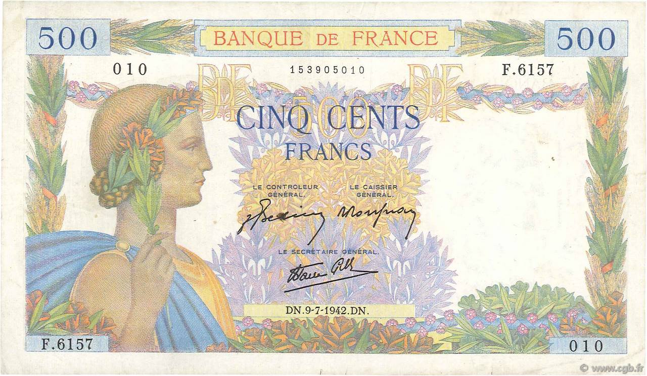 500 Francs LA PAIX FRANCIA  1942 F.32.36 BC+