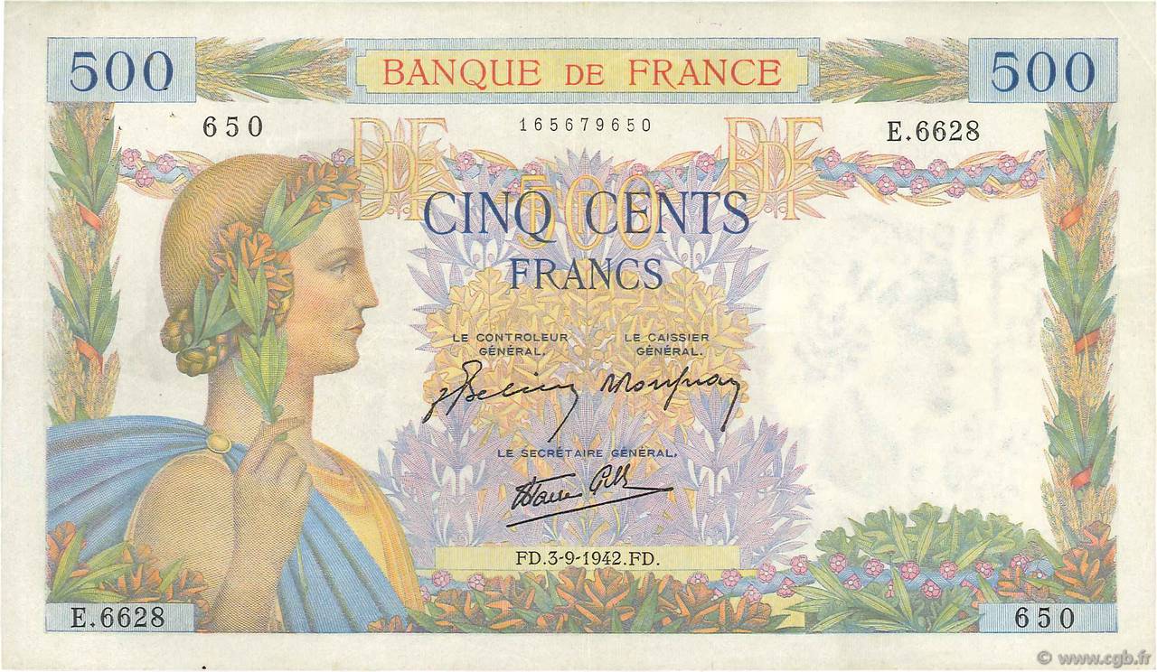 500 Francs LA PAIX FRANCIA  1942 F.32.39 MBC