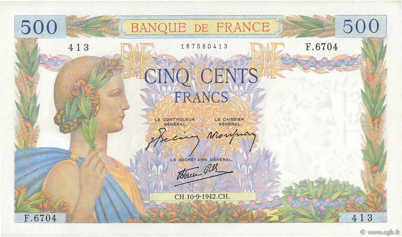 500 Francs LA PAIX FRANCIA  1942 F.32.40 EBC+