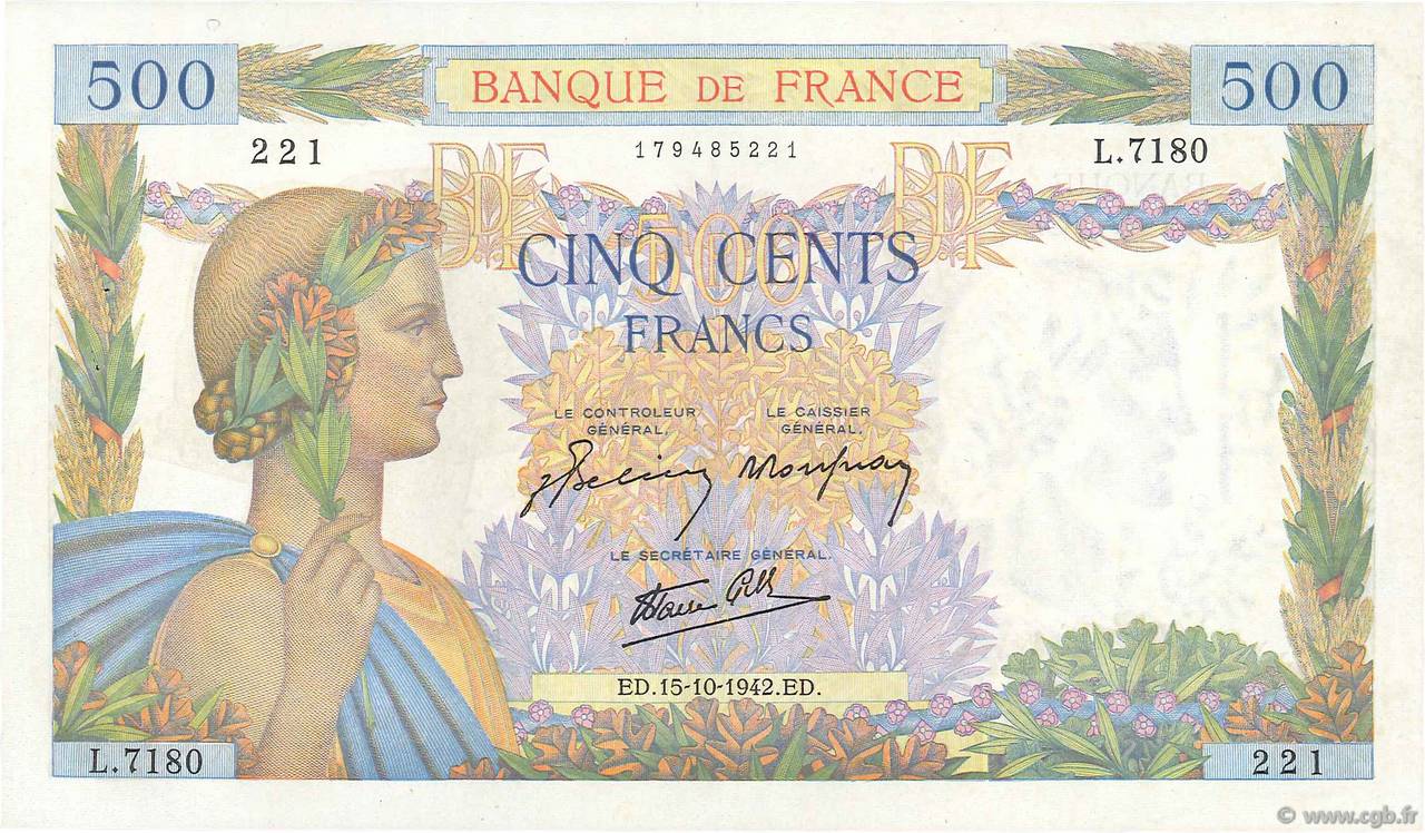 500 Francs LA PAIX FRANKREICH  1942 F.32.42 VZ+