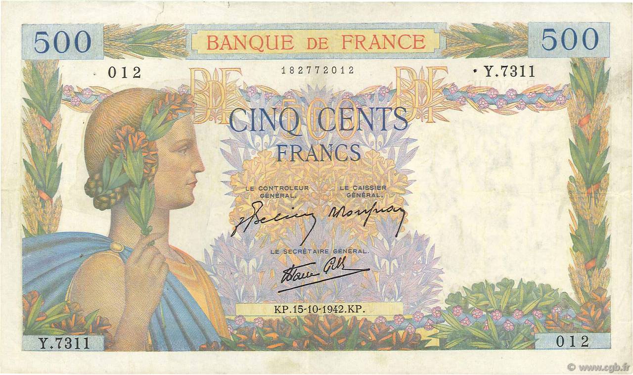 500 Francs LA PAIX FRANKREICH  1942 F.32.42 fSS