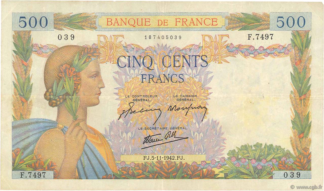 500 Francs LA PAIX FRANCIA  1942 F.32.43 BC+