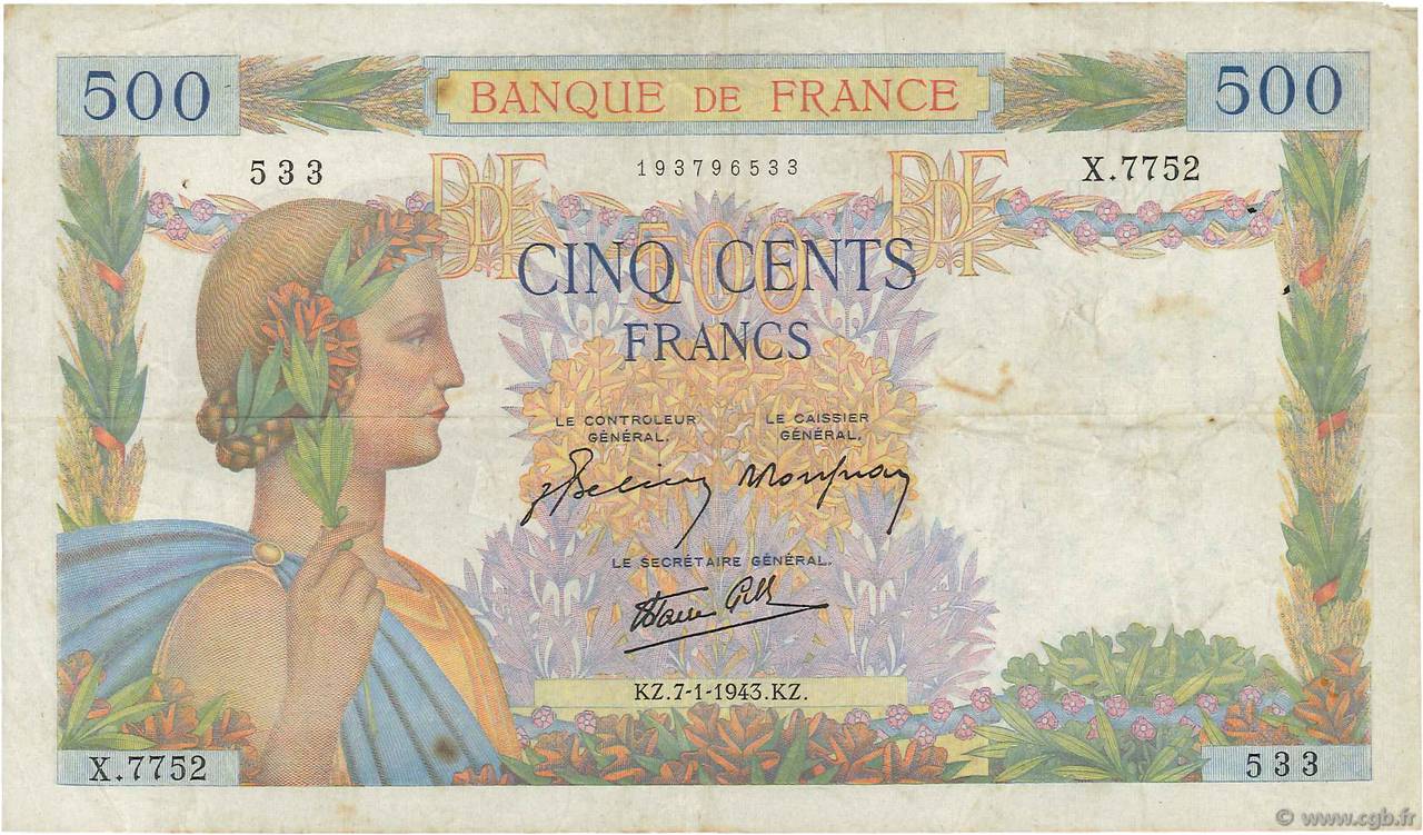 500 Francs LA PAIX FRANKREICH  1943 F.32.44 S