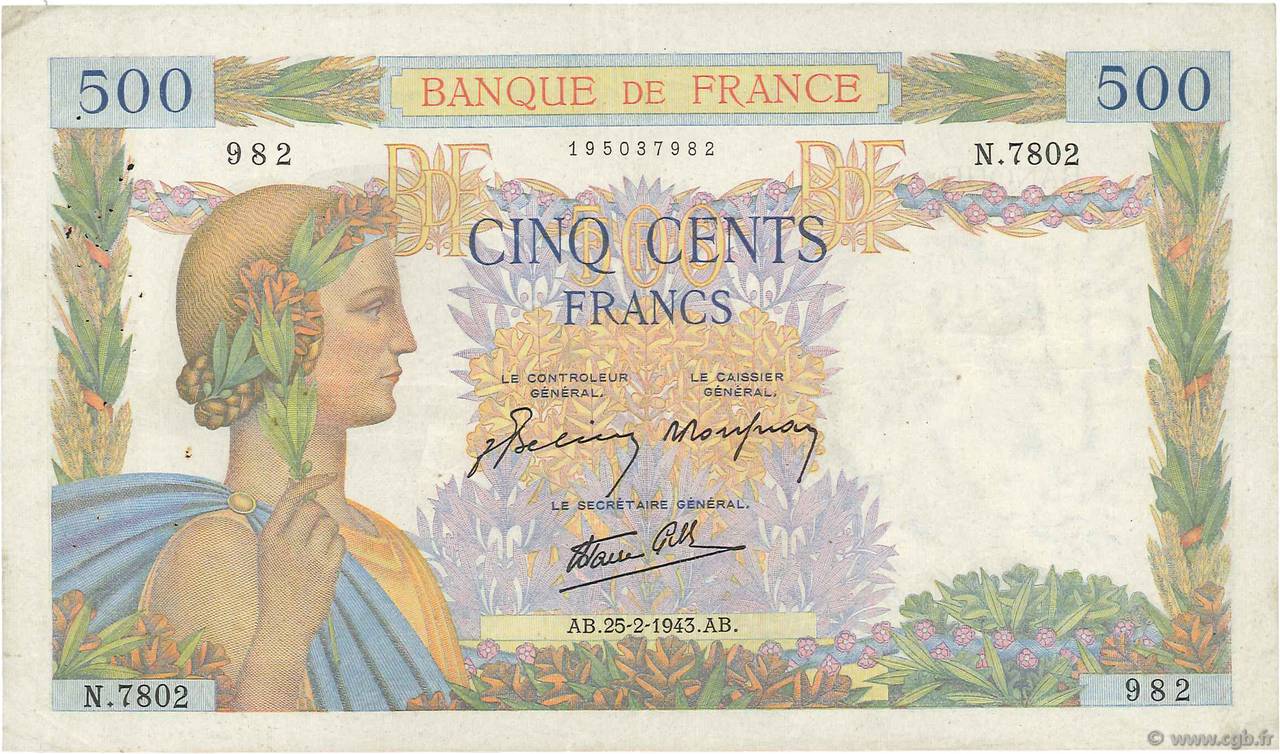 500 Francs LA PAIX FRANKREICH  1943 F.32.45 fSS