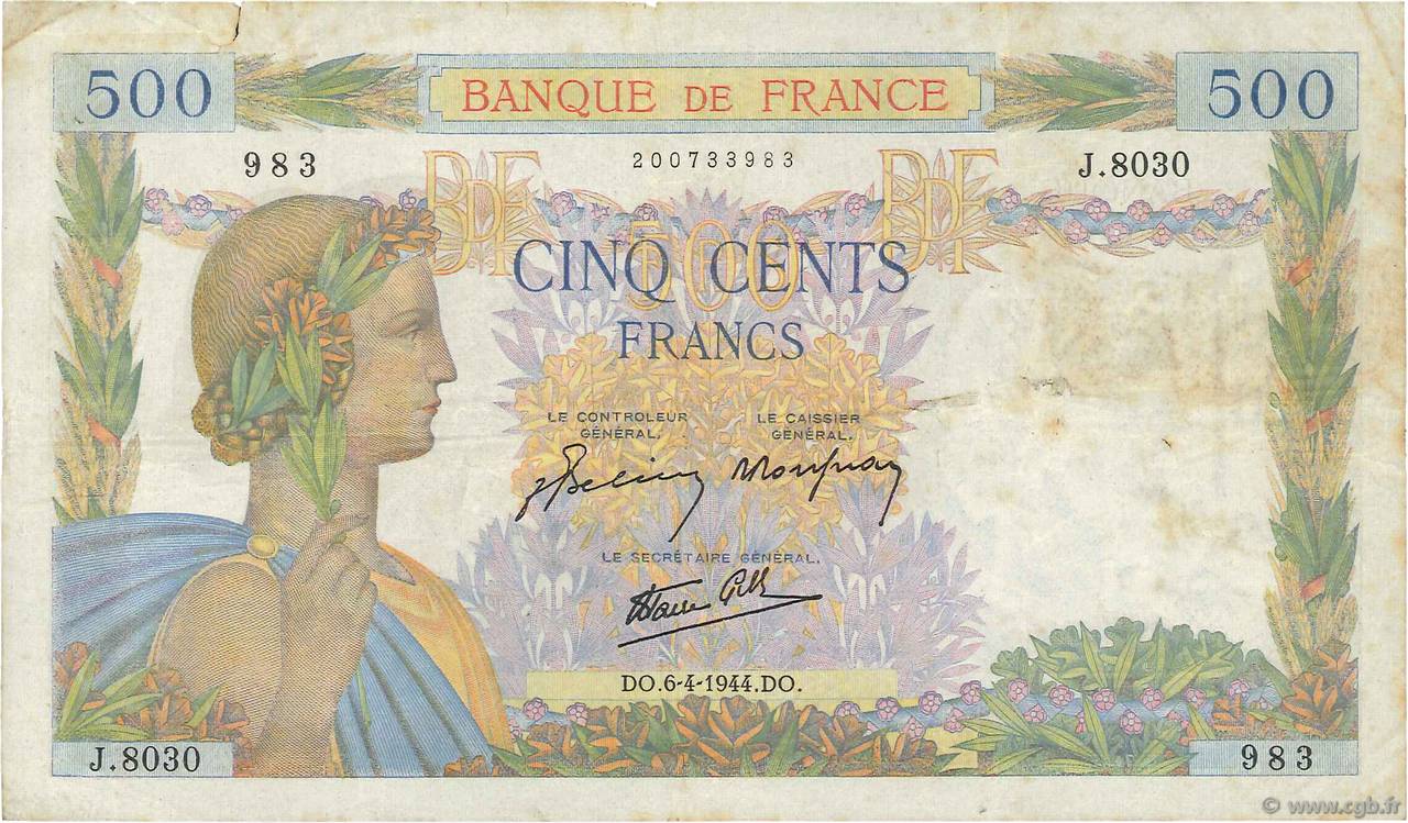 500 Francs LA PAIX FRANCE  1944 F.32.46 TB
