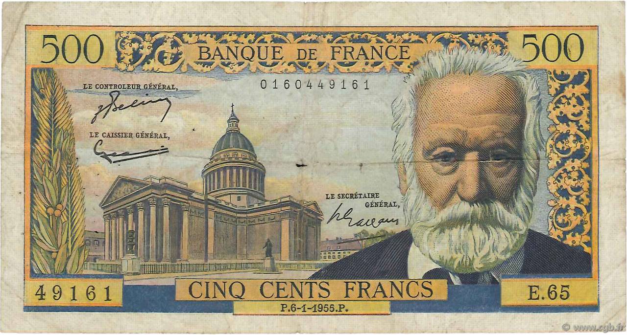 500 Francs VICTOR HUGO FRANCE  1955 F.35.04 G