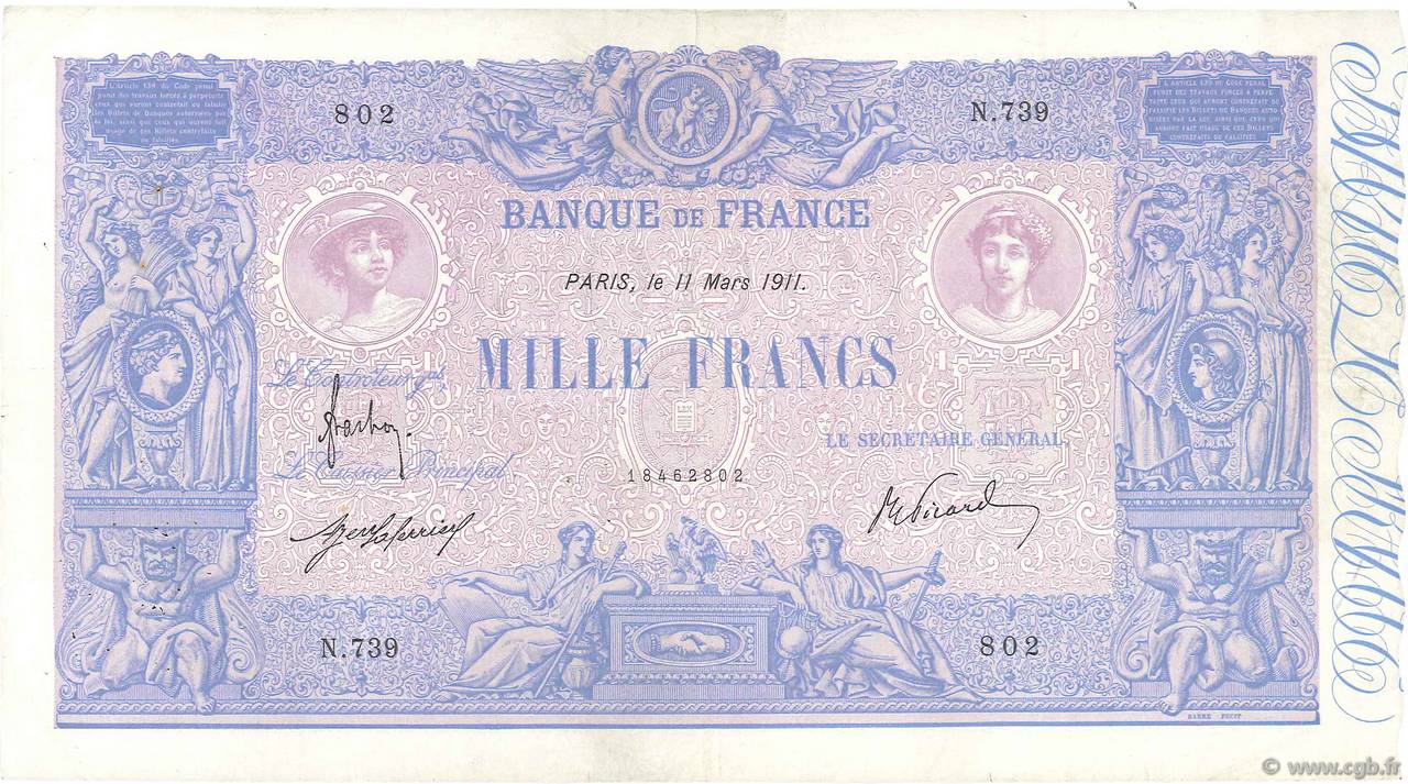 1000 Francs BLEU ET ROSE FRANKREICH  1911 F.36.25 SS