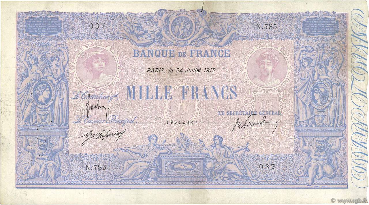 1000 Francs BLEU ET ROSE FRANCE  1912 F.36.26 VF-