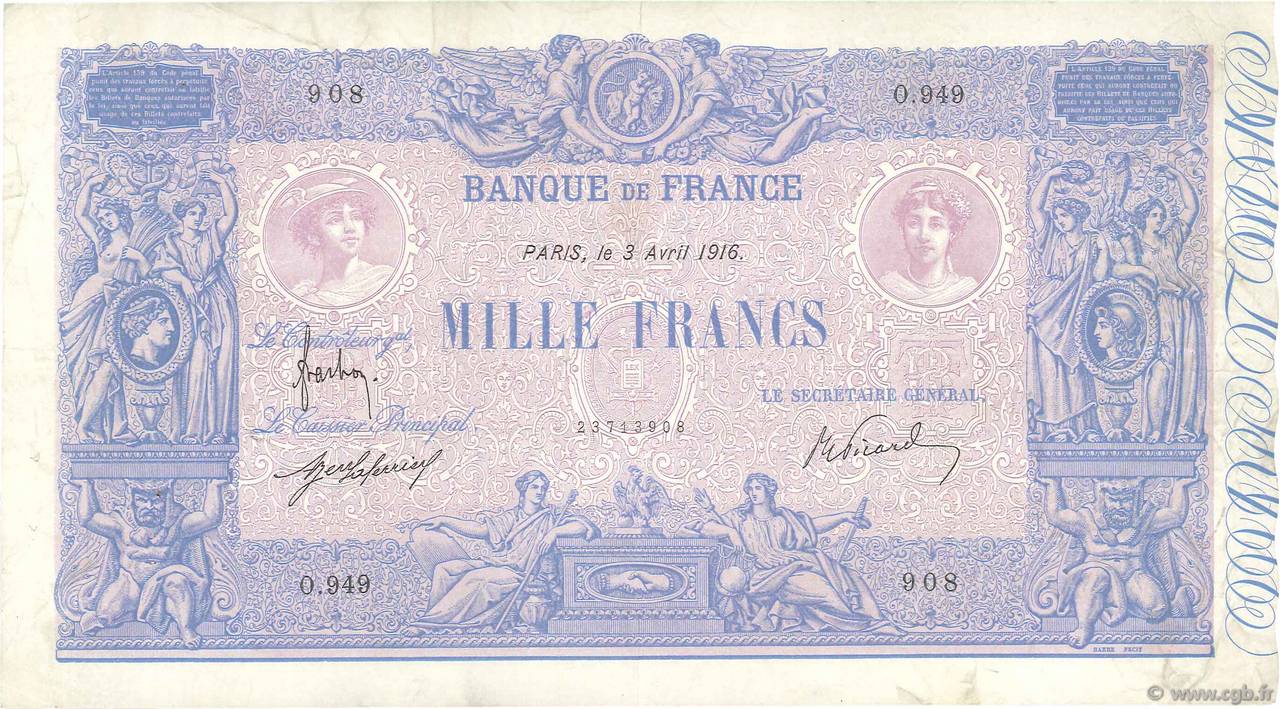 1000 Francs BLEU ET ROSE FRANKREICH  1916 F.36.30 SS