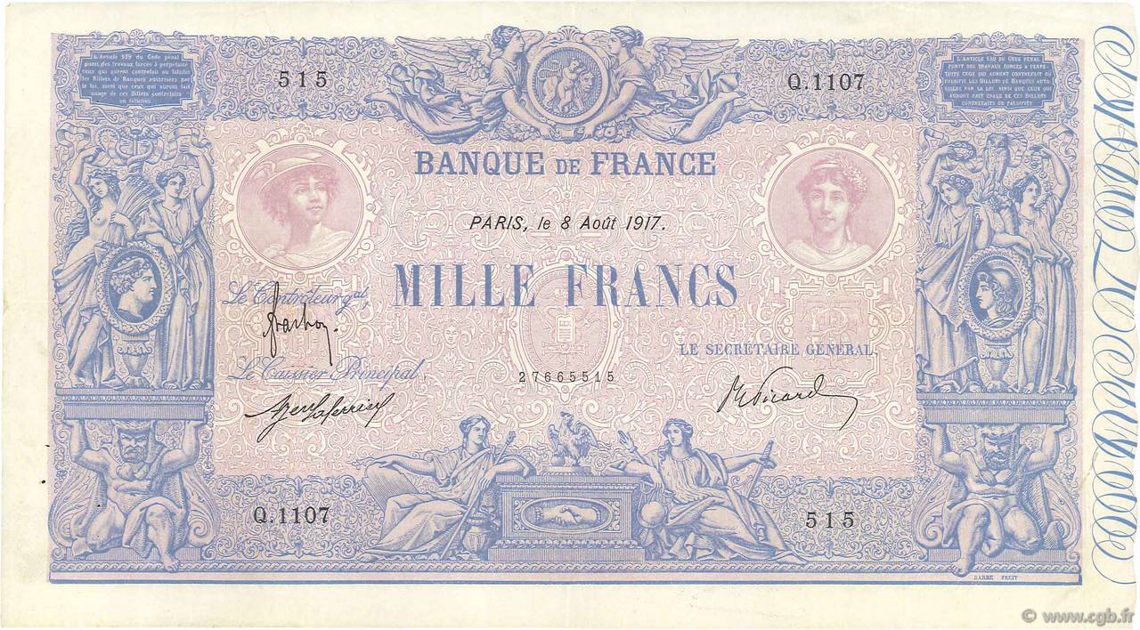 1000 Francs BLEU ET ROSE FRANCE  1917 F.36.31 VF