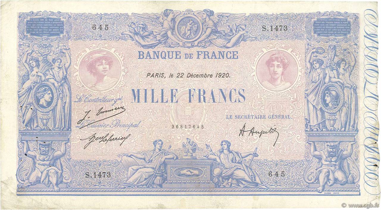 1000 Francs BLEU ET ROSE FRANKREICH  1920 F.36.36 S