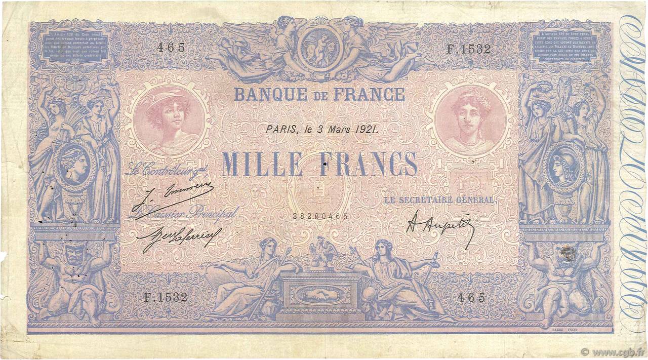 1000 Francs BLEU ET ROSE FRANKREICH  1921 F.36.37 S