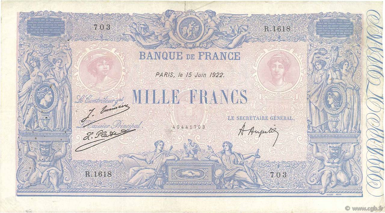 1000 Francs BLEU ET ROSE FRANCE  1922 F.36.38 VF-