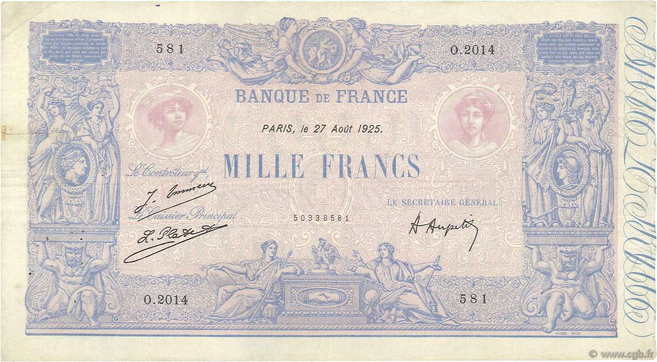 1000 Francs BLEU ET ROSE FRANCIA  1925 F.36.41 BC+