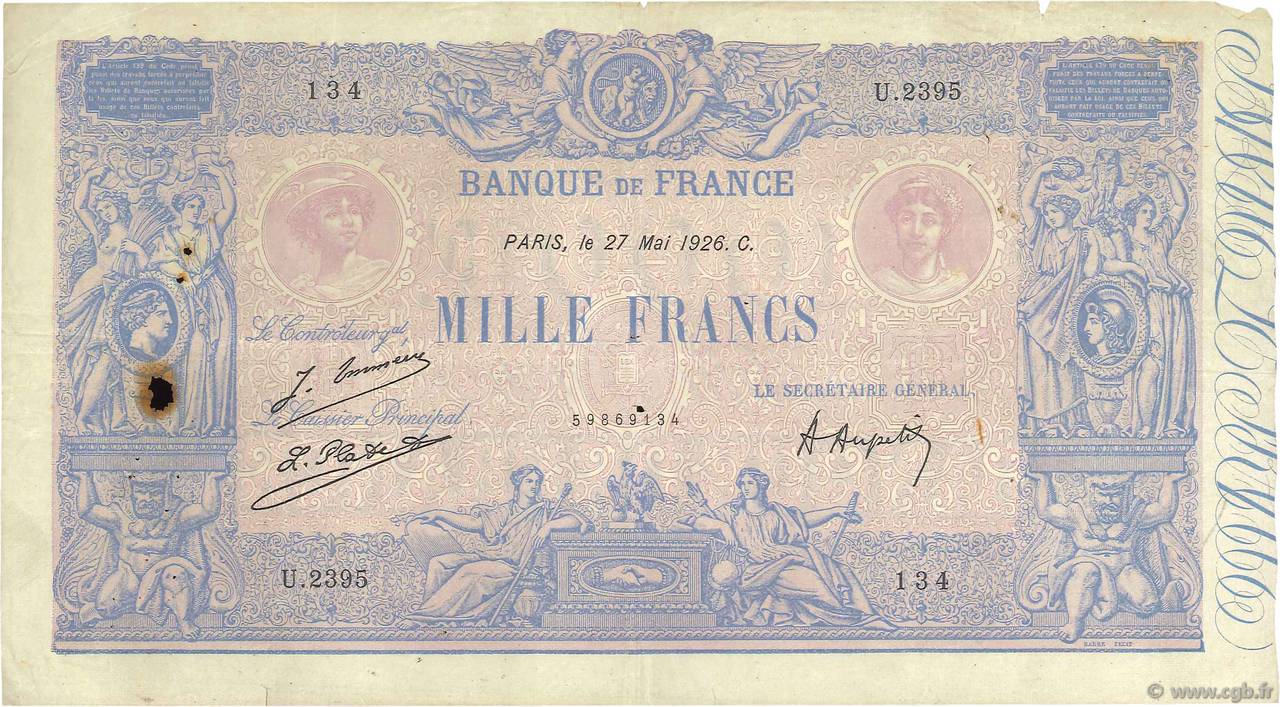 1000 Francs BLEU ET ROSE FRANCE  1926 F.36.42 TB