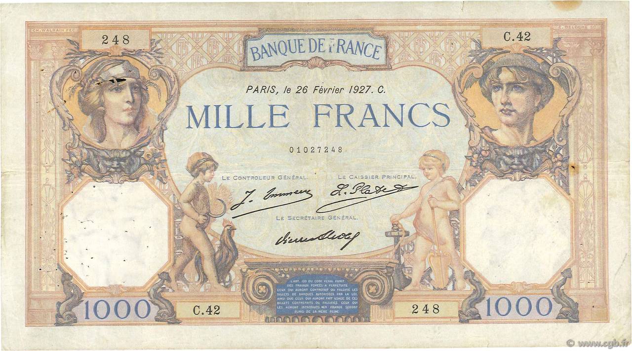 1000 Francs CÉRÈS ET MERCURE FRANCE  1927 F.37.01 TB