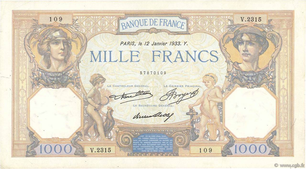 1000 Francs CÉRÈS ET MERCURE FRANKREICH  1933 F.37.08 SS