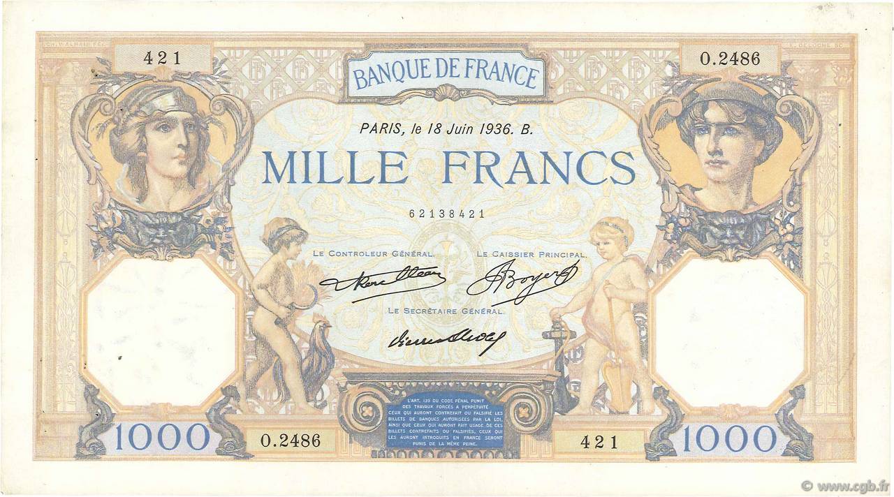1000 Francs CÉRÈS ET MERCURE FRANCE  1936 F.37.09 VF+