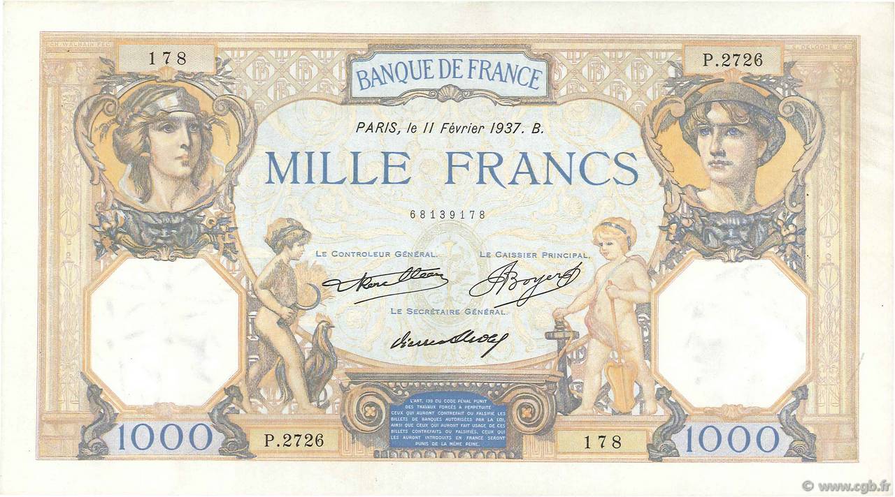 1000 Francs CÉRÈS ET MERCURE FRANCIA  1937 F.37.10 q.SPL