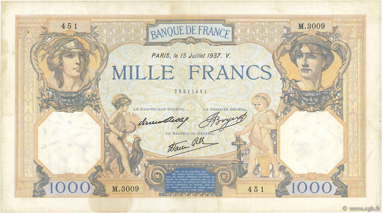 1000 Francs CÉRÈS ET MERCURE type modifié FRANCIA  1937 F.38.02 MB