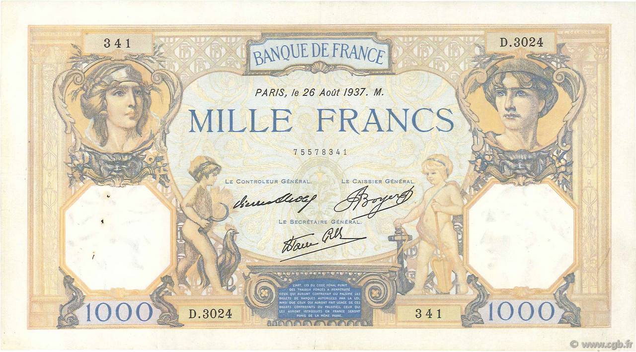 1000 Francs CÉRÈS ET MERCURE type modifié FRANCIA  1937 F.38.03 MBC