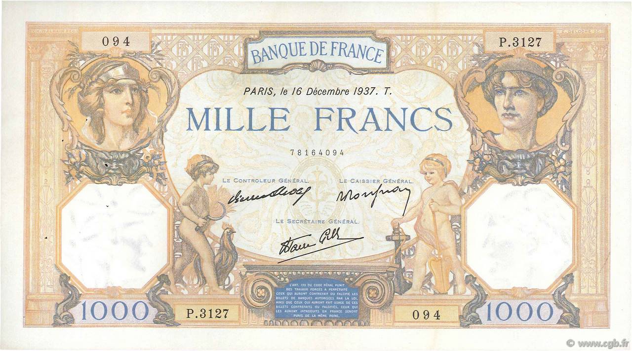 1000 Francs CÉRÈS ET MERCURE type modifié FRANKREICH  1937 F.38.07 fVZ