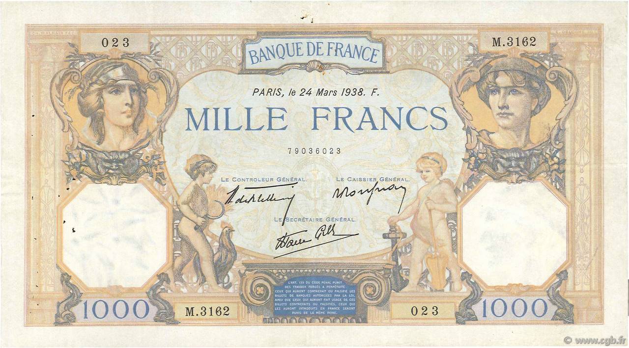 1000 Francs CÉRÈS ET MERCURE type modifié FRANCE  1938 F.38.09 F