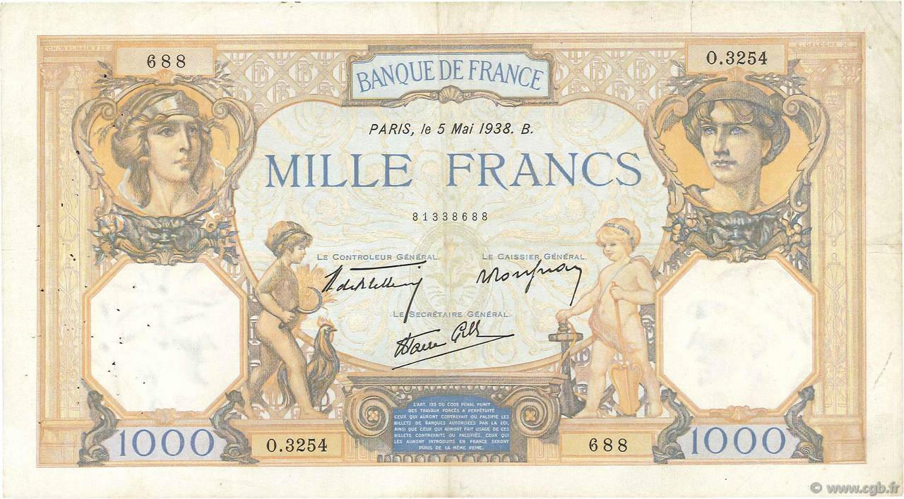 1000 Francs CÉRÈS ET MERCURE type modifié FRANCIA  1938 F.38.13 MB