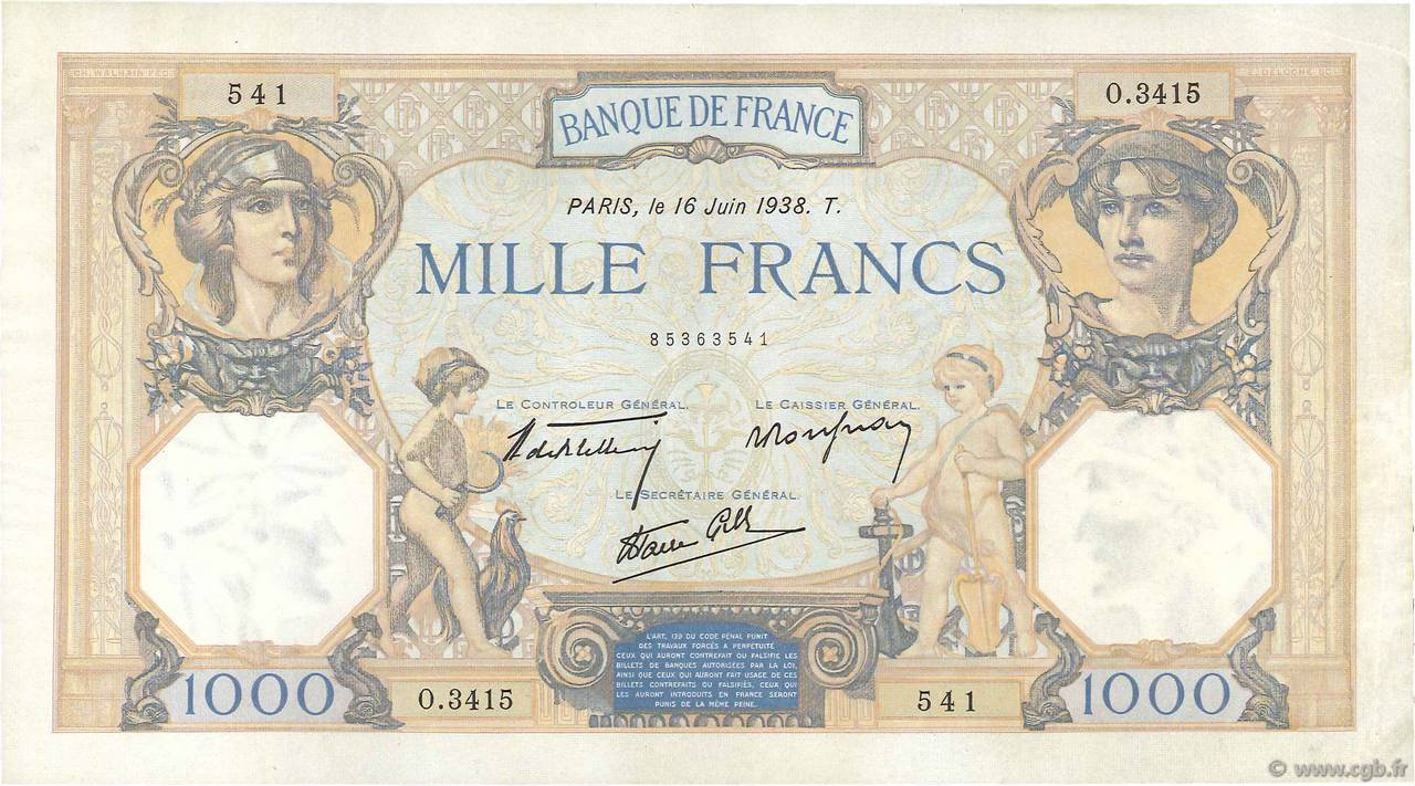 1000 Francs CÉRÈS ET MERCURE type modifié FRANCIA  1938 F.38.19 SPL