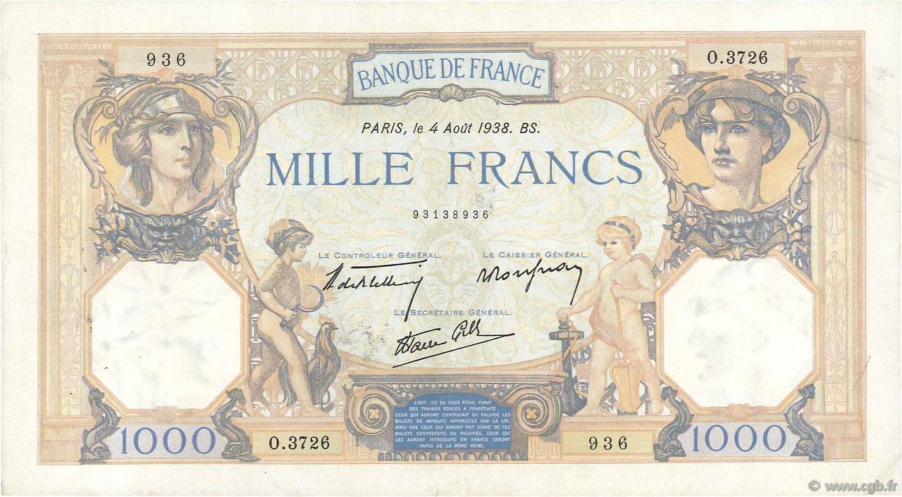 1000 Francs CÉRÈS ET MERCURE type modifié FRANCIA  1938 F.38.26 MBC