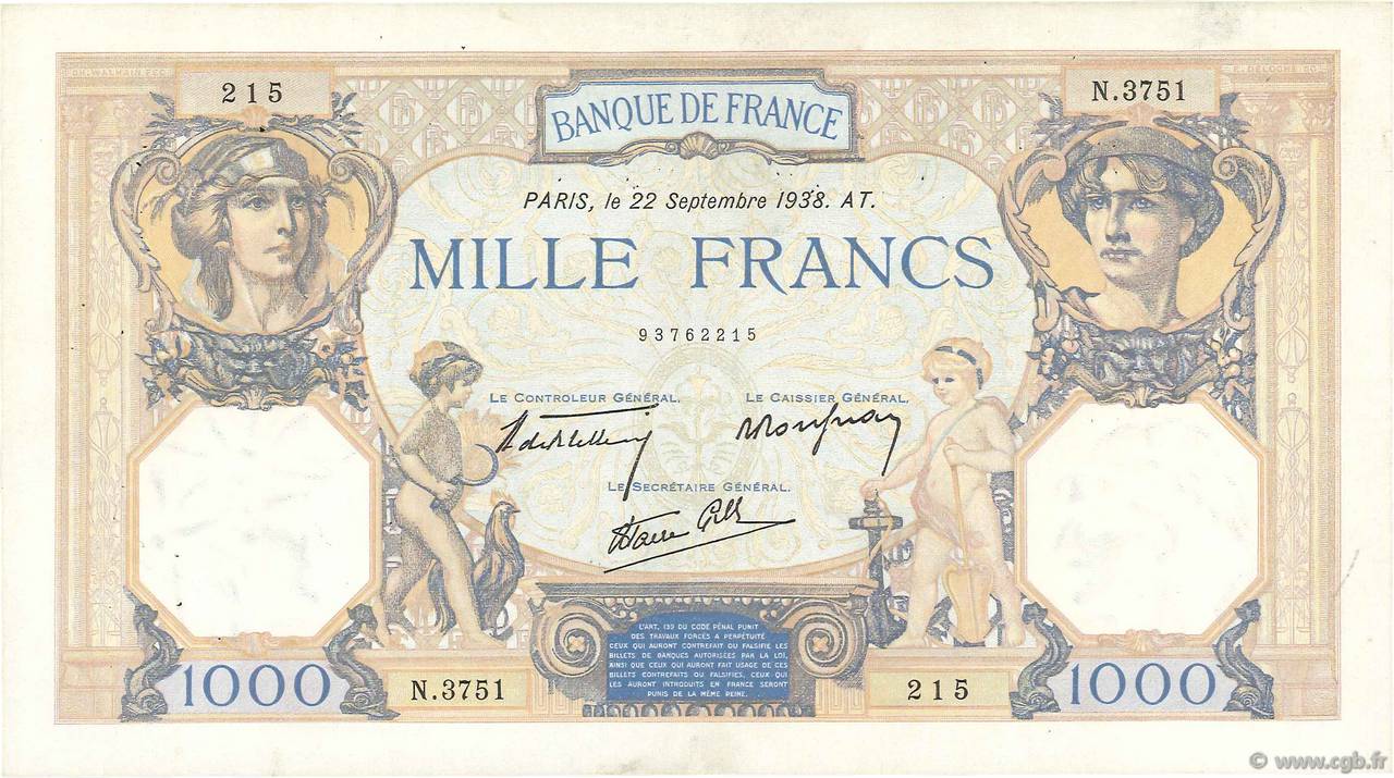 1000 Francs CÉRÈS ET MERCURE type modifié FRANCE  1938 F.38.27 pr.TTB
