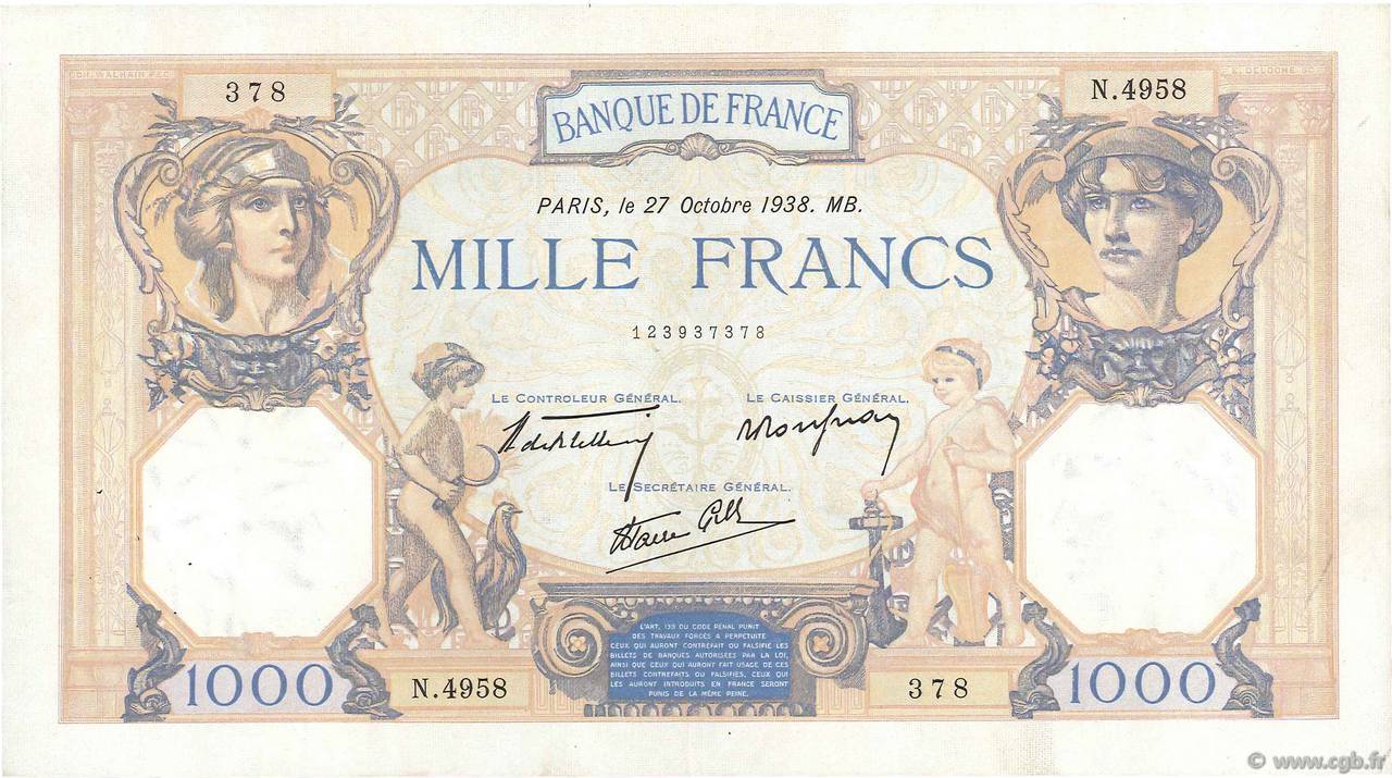 1000 Francs CÉRÈS ET MERCURE type modifié FRANCE  1938 F.38.31 VF