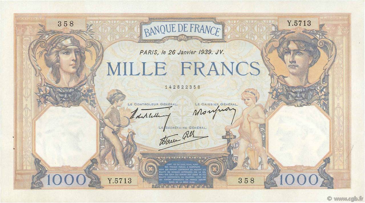 1000 Francs CÉRÈS ET MERCURE type modifié FRANCE  1939 F.38.33 SPL