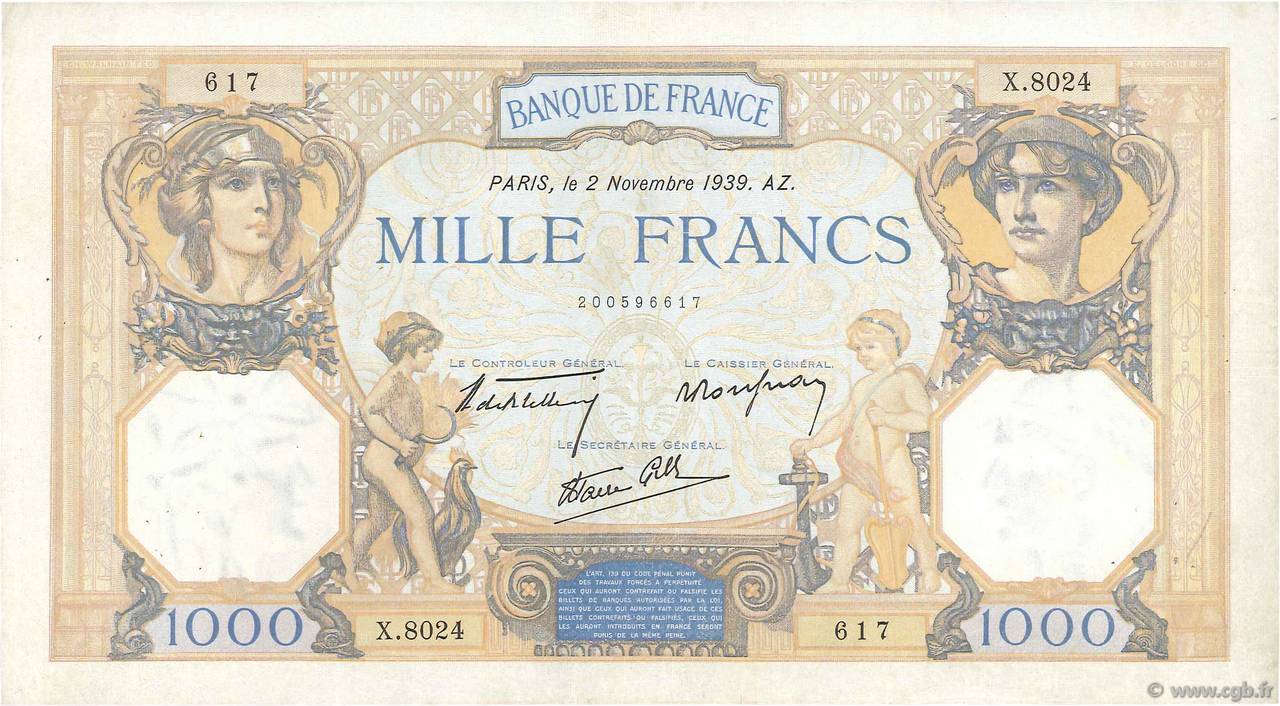 1000 Francs CÉRÈS ET MERCURE type modifié FRANCE  1939 F.38.38 VF