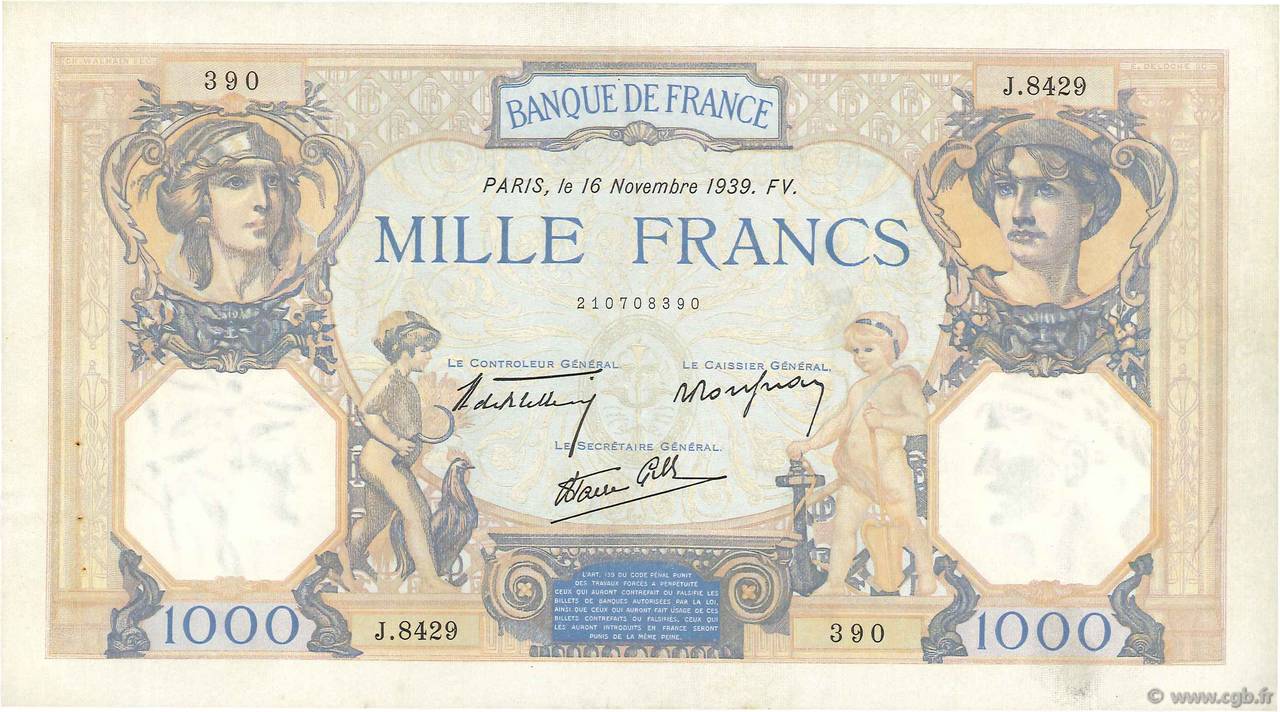 1000 Francs CÉRÈS ET MERCURE type modifié FRANCE  1939 F.38.39 VF