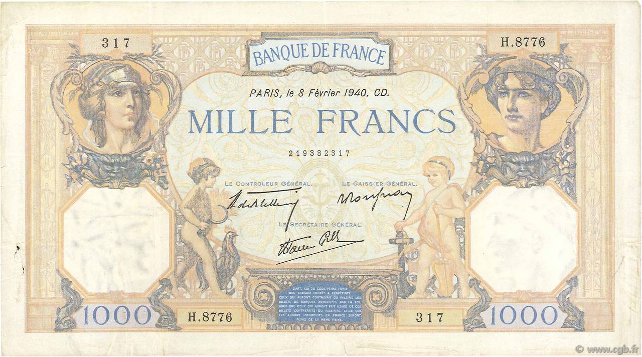 1000 Francs CÉRÈS ET MERCURE type modifié FRANKREICH  1940 F.38.42 S