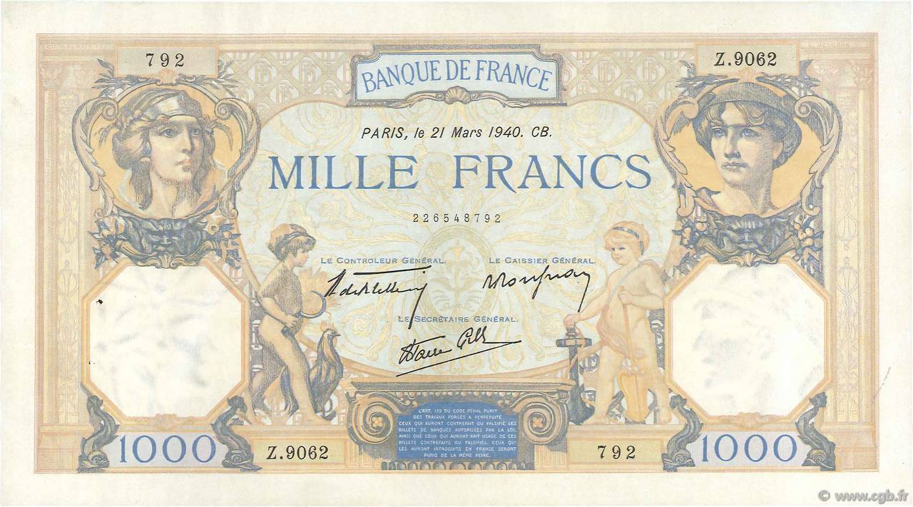 1000 Francs CÉRÈS ET MERCURE type modifié FRANCE  1940 F.38.44 XF