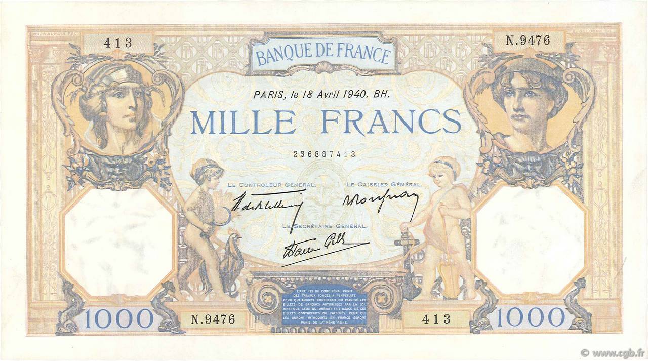 1000 Francs CÉRÈS ET MERCURE type modifié FRANCE  1940 F.38.46 AU-