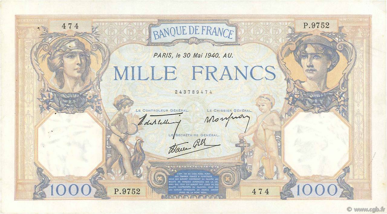 1000 Francs CÉRÈS ET MERCURE type modifié FRANKREICH  1940 F.38.48 SS