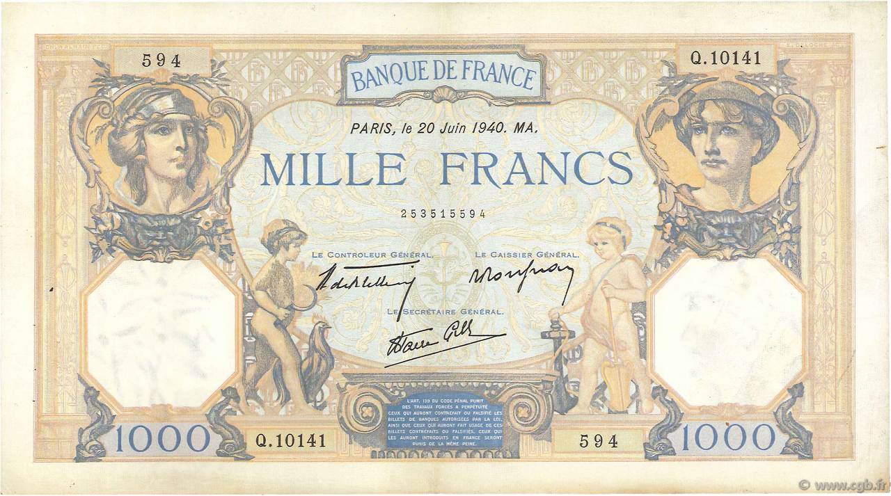 1000 Francs CÉRÈS ET MERCURE type modifié FRANCE  1940 F.38.49 VF