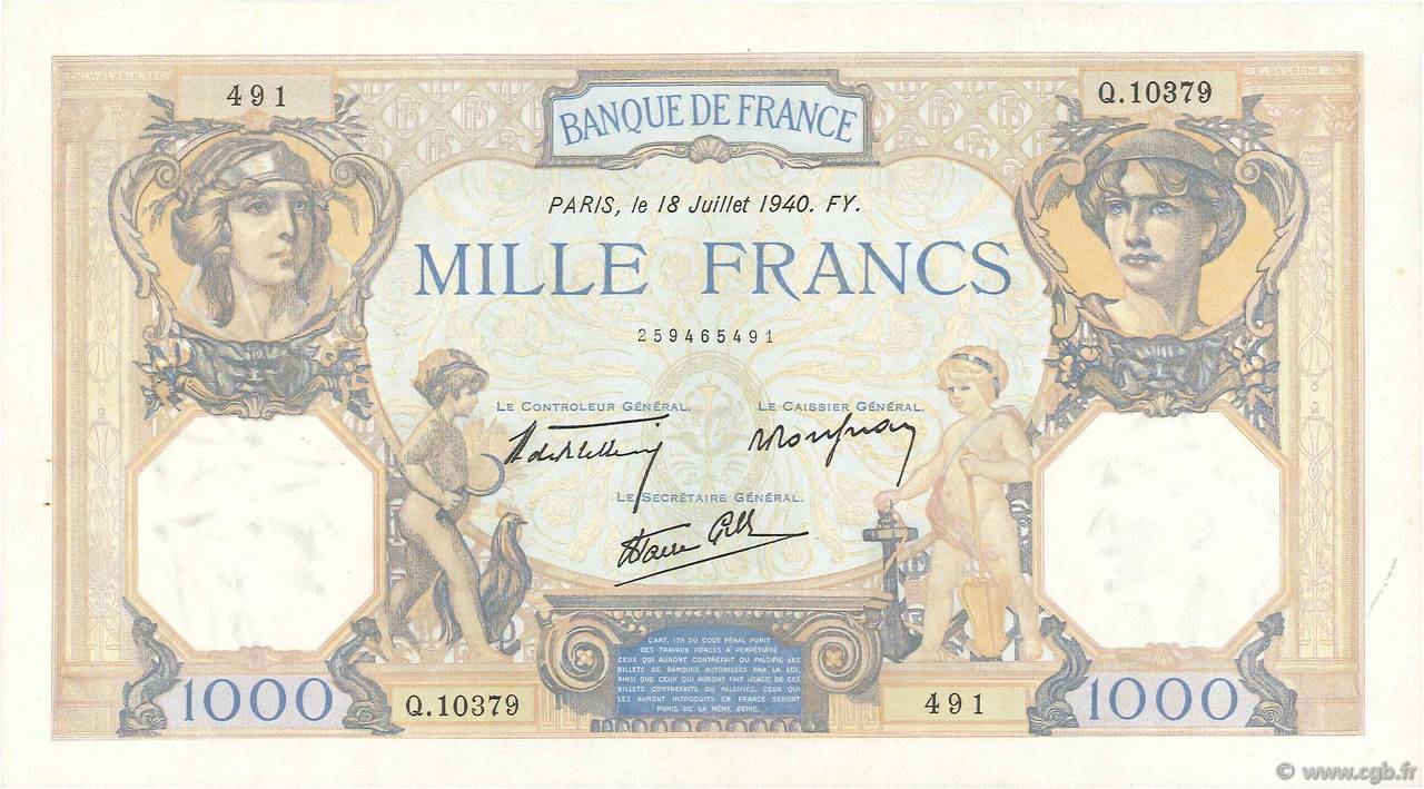 1000 Francs CÉRÈS ET MERCURE type modifié FRANCIA  1940 F.38.50 EBC+