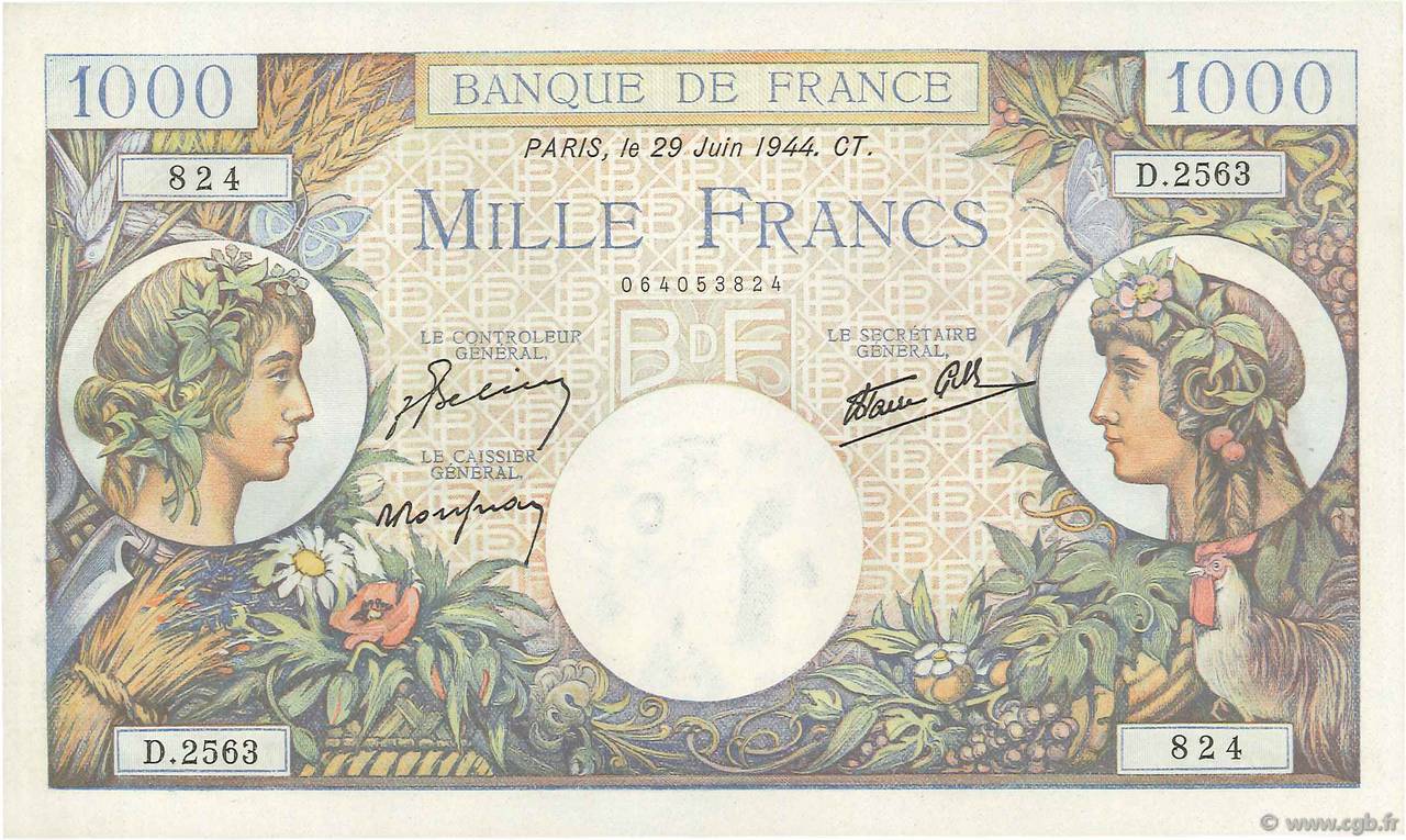 1000 Francs COMMERCE ET INDUSTRIE FRANCE  1944 F.39.09 UNC-