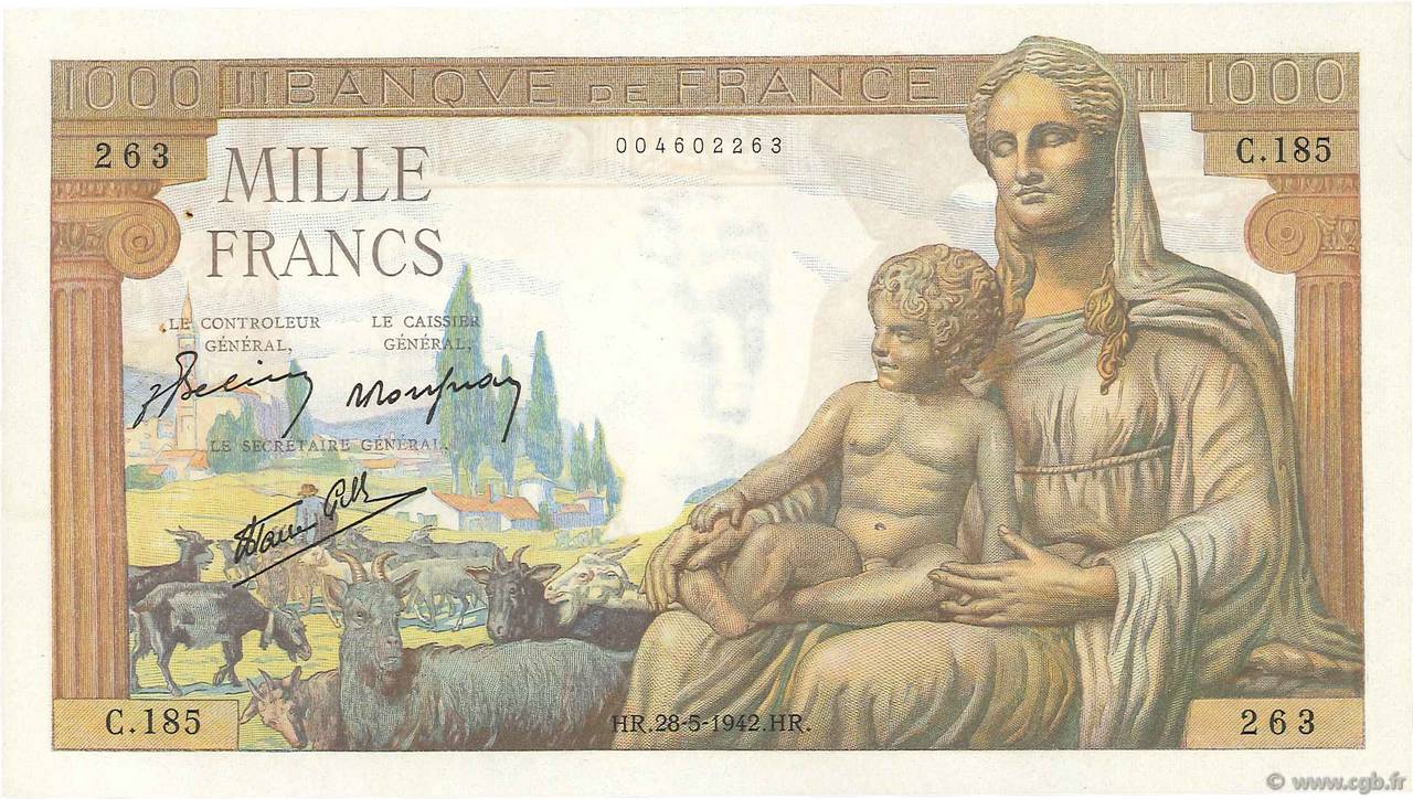 1000 Francs DÉESSE DÉMÉTER FRANCIA  1942 F.40.01 AU