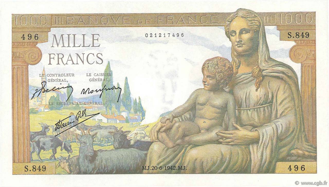 1000 Francs DÉESSE DÉMÉTER FRANKREICH  1942 F.40.03 fST