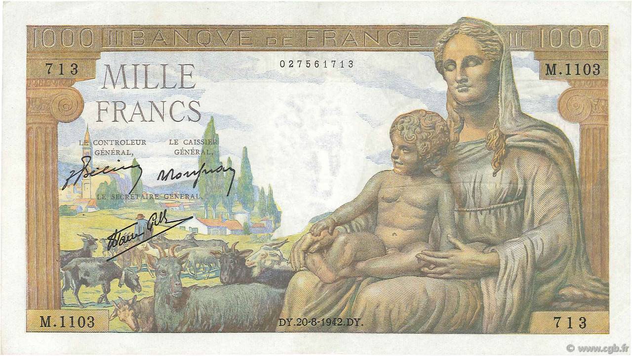 1000 Francs DÉESSE DÉMÉTER FRANKREICH  1942 F.40.05 fSS